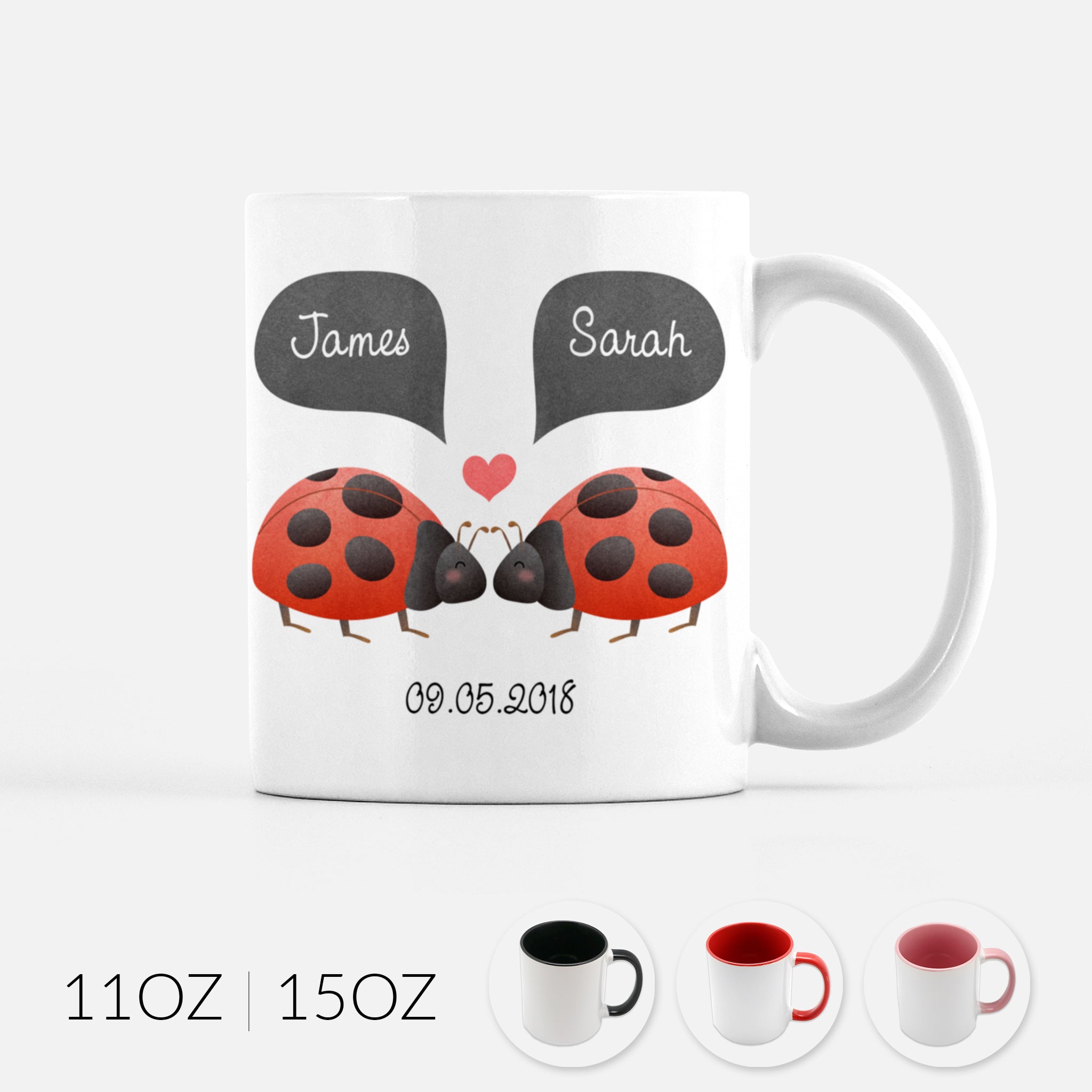Personalized Ladybug Ladybird Beetle Couple Ceramic Coffee Mug for Animal Lover - By Happy Cat Prints