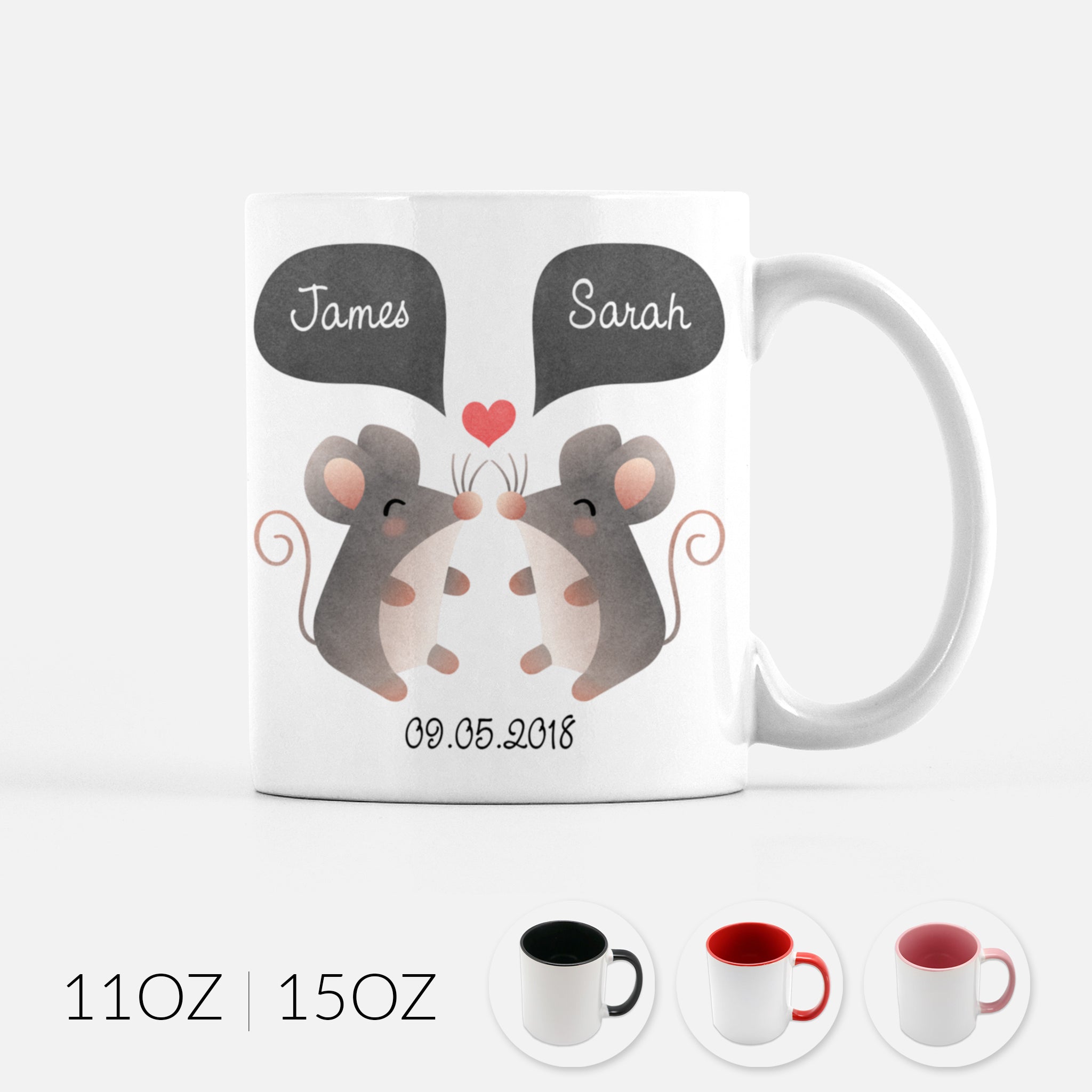 Personalized Mouse Couple Ceramic Coffee Mug for Animal Lover - Cute Unique Valentines Day Christmas Engagement Anniversary Wedding Gift for Her Him Women Men Wife Husband Girlfriend Boyfriend - By Happy Cat Prints