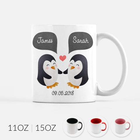 Personalized Penguin Couple Ceramic Coffee Mug for Animal Lover - By Happy Cat Prints