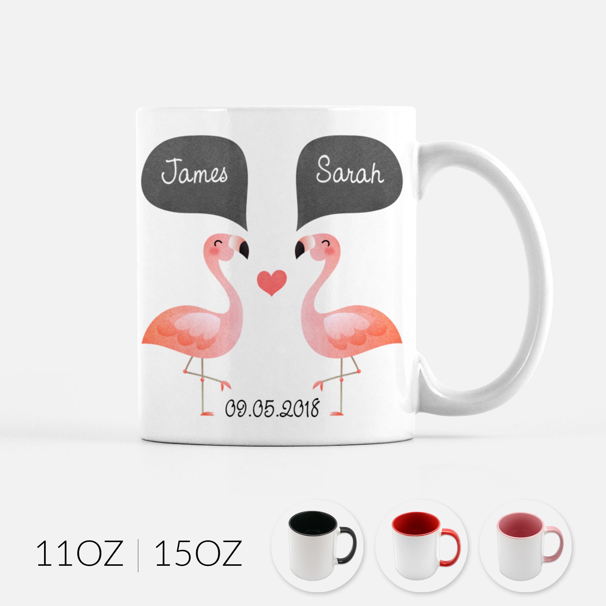 Personalized Pink Flamingo Bird Couple Ceramic Coffee Mug for Animal Lover - By Happy Cat Prints