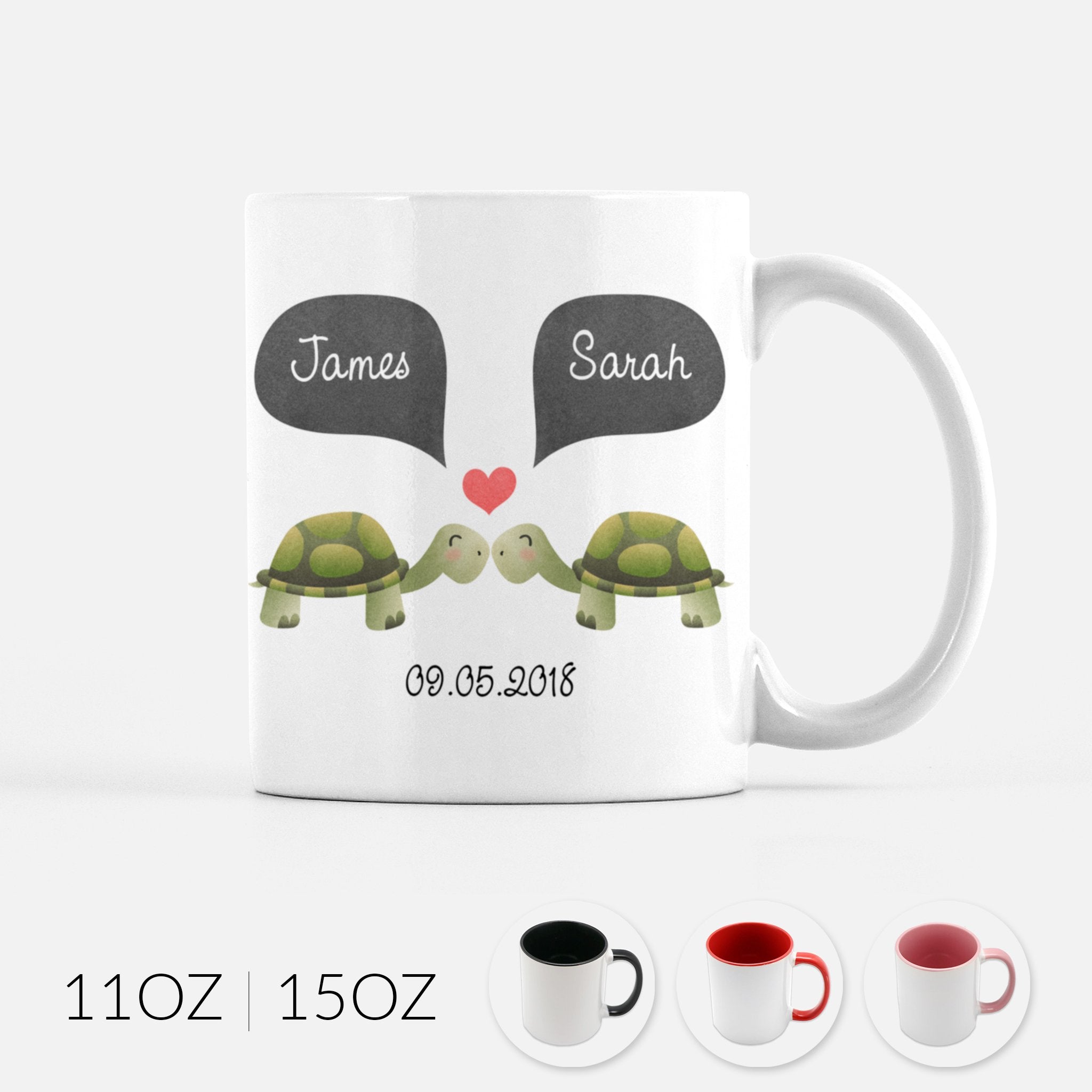 Personalized Turtle Tortoise Couple Ceramic Coffee Mug for Animal Lover - Cute Unique Valentines Day Christmas Engagement Anniversary Wedding Gift for Her Him Women Men Wife Husband Girlfriend Boyfriend - By Happy Cat Prints