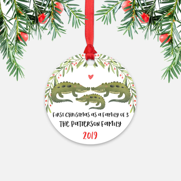 Alligator Crocodile First Christmas as a Family of 3 Three with Baby Boy Girl Personalized Ornament - Cute Animal Baby 1st Holidays Decoration - Custom Christmas Gift Idea for New Parents Mom Dad - Round Aluminum - by Happy Cat Prints