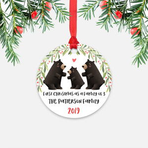 Black Bear First Christmas as a Family of 3 Three with Baby Boy Girl Personalized Ornament - Cute Animal Baby 1st Holidays Decoration - Custom Christmas Gift Idea for New Parents Mom Dad - Round Aluminum - by Happy Cat Prints