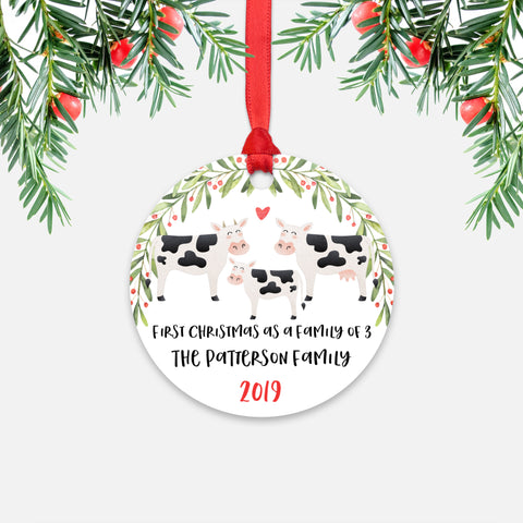 Cow First Christmas as a Family of 3 Three with Baby Boy Girl Personalized Ornament - Cute Animal Baby 1st Holidays Decoration - Custom Christmas Gift Idea for New Parents Mom Dad - Round Aluminum - by Happy Cat Prints