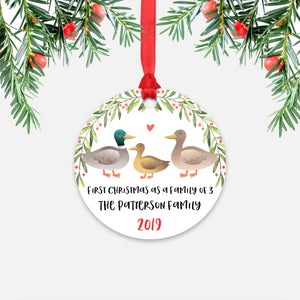 Mallard Duck First Christmas as a Family of 3 Three with Baby Boy Girl Personalized Ornament - Cute Animal Baby 1st Holidays Decoration - Custom Christmas Gift Idea for New Parents Mom Dad - Round Aluminum - by Happy Cat Prints
