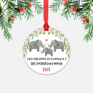 Elephant First Christmas as a Family of 3 Three with Baby Boy Girl Personalized Ornament - Cute Animal Baby 1st Holidays Decoration - Custom Christmas Gift Idea for New Parents Mom Dad - Round Aluminum - by Happy Cat Prints