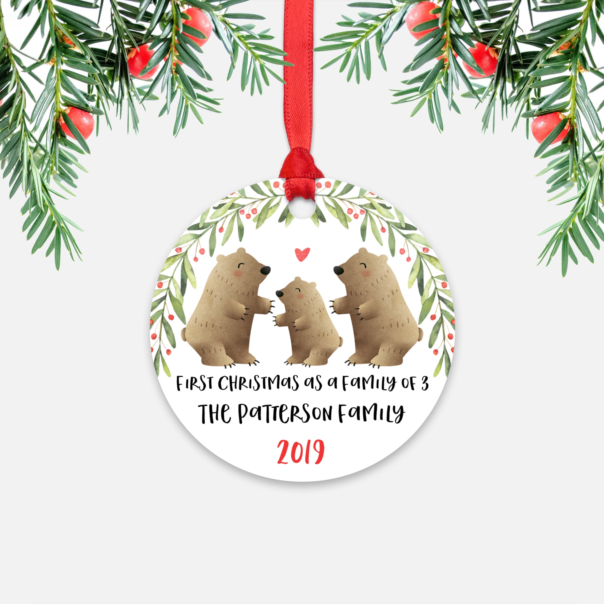 Grizzly Bear First Christmas as a Family of 3 Three with Baby Boy Girl Personalized Ornament - Cute Animal Baby 1st Holidays Decoration - Custom Christmas Gift Idea for New Parents Mom Dad - Round Aluminum - by Happy Cat Prints