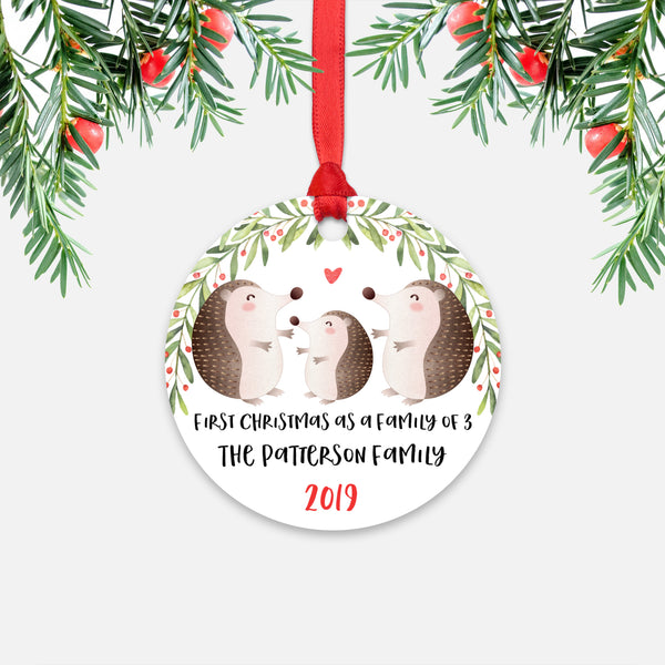 Hedgehog First Christmas as a Family of 3 Three with Baby Boy Girl Personalized Ornament - Cute Animal Baby 1st Holidays Decoration - Custom Christmas Gift Idea for New Parents Mom Dad - Round Aluminum - by Happy Cat Prints