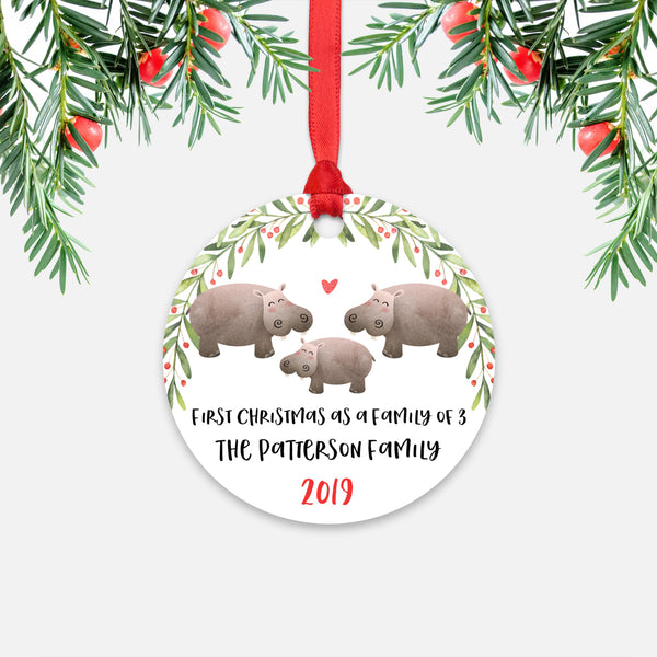 Hippo Hippopotamus First Christmas as a Family of 3 Three with Baby Boy Girl Personalized Ornament - Cute Animal Baby 1st Holidays Decoration - Custom Christmas Gift Idea for New Parents Mom Dad - Round Aluminum - by Happy Cat Prints