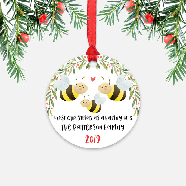 Honey Bee First Christmas as a Family of 3 Three with Baby Boy Girl Personalized Ornament - Cute Animal Baby 1st Holidays Decoration - Custom Christmas Gift Idea for New Parents Mom Dad - Round Aluminum - by Happy Cat Prints