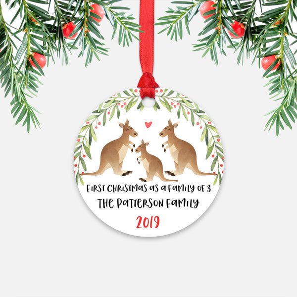 Kangaroo First Christmas as a Family of 3 Three with Baby Boy Girl Personalized Ornament - Cute Animal Baby 1st Holidays Decoration - Custom Christmas Gift Idea for New Parents Mom Dad - Round Aluminum - by Happy Cat Prints