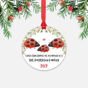 Ladybug First Christmas as a Family of 3 Three with Baby Boy Girl Personalized Ornament - Cute Animal Baby 1st Holidays Decoration - Custom Christmas Gift Idea for New Parents Mom Dad - Round Aluminum - by Happy Cat Prints
