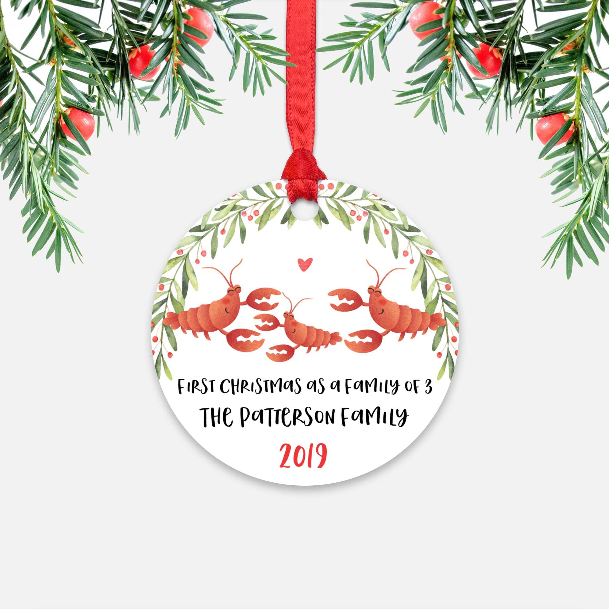 Lobster First Christmas as a Family of 3 Three with Baby Boy Girl Personalized Ornament - Cute Animal Baby 1st Holidays Decoration - Custom Christmas Gift Idea for New Parents Mom Dad - Round Aluminum - by Happy Cat Prints