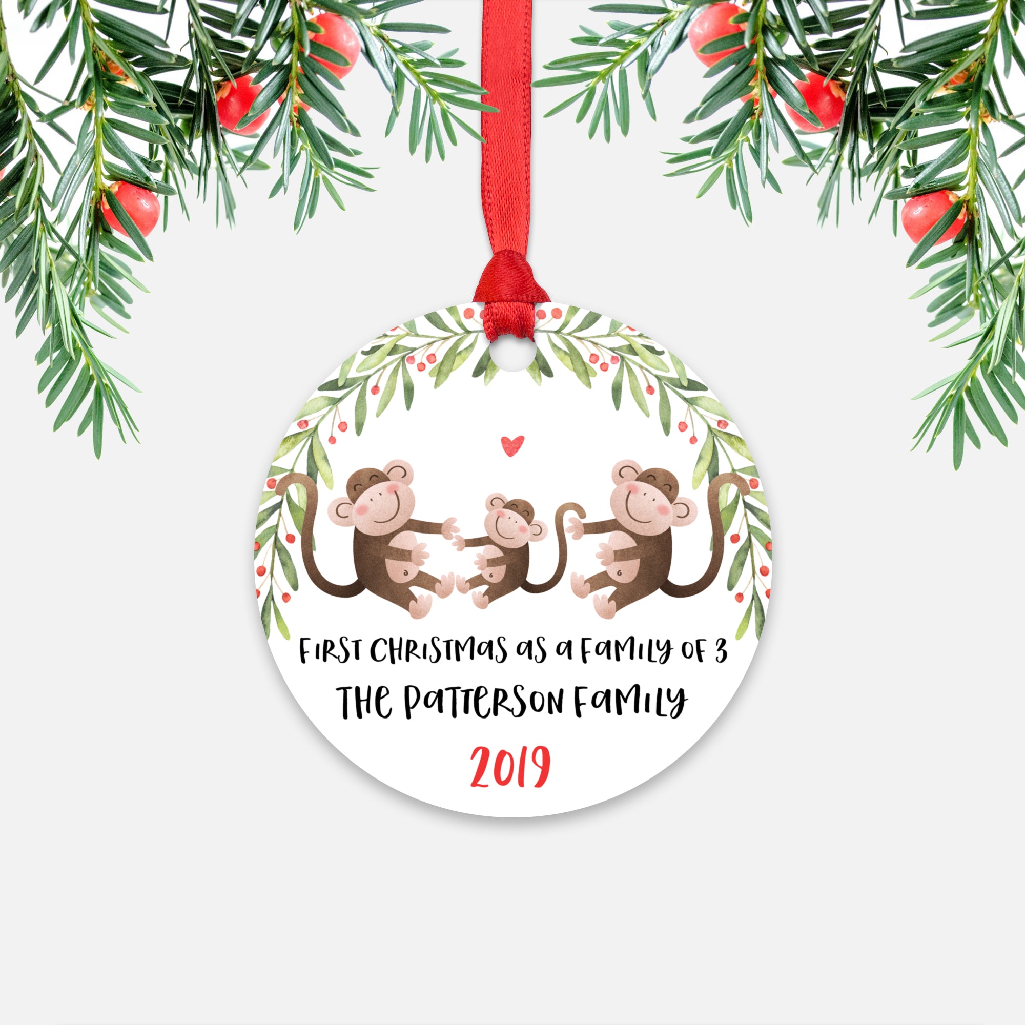 Monkey Ape First Christmas as a Family of 3 Three with Baby Boy Girl Personalized Ornament - Cute Animal Baby 1st Holidays Decoration - Custom Christmas Gift Idea for New Parents Mom Dad - Round Aluminum - by Happy Cat Prints