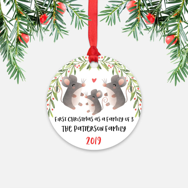 Mouse First Christmas as a Family of 3 Three with Baby Boy Girl Personalized Ornament - Cute Animal Baby 1st Holidays Decoration - Custom Christmas Gift Idea for New Parents Mom Dad - Round Aluminum - by Happy Cat Prints