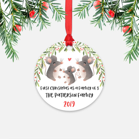Mouse First Christmas as a Family of 3 Three with Baby Boy Girl Personalized Ornament - Cute Animal Baby 1st Holidays Decoration - Custom Christmas Gift Idea for New Parents Mom Dad - Round Aluminum - by Happy Cat Prints