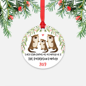 Otter First Christmas as a Family of 3 Three with Baby Boy Girl Personalized Ornament - Cute Animal Baby 1st Holidays Decoration - Custom Christmas Gift Idea for New Parents Mom Dad - Round Aluminum - by Happy Cat Prints