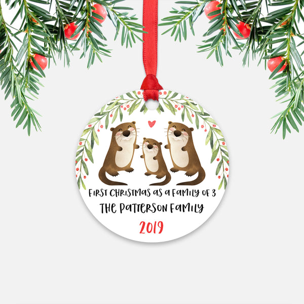Otter First Christmas as a Family of 3 Three with Baby Boy Girl Personalized Ornament - Cute Animal Baby 1st Holidays Decoration - Custom Christmas Gift Idea for New Parents Mom Dad - Round Aluminum - by Happy Cat Prints