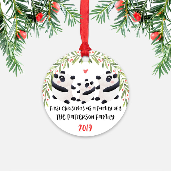Panda Bear First Christmas as a Family of 3 Three with Baby Boy Girl Personalized Ornament - Cute Animal Baby 1st Holidays Decoration - Custom Christmas Gift Idea for New Parents Mom Dad - Round Aluminum - by Happy Cat Prints