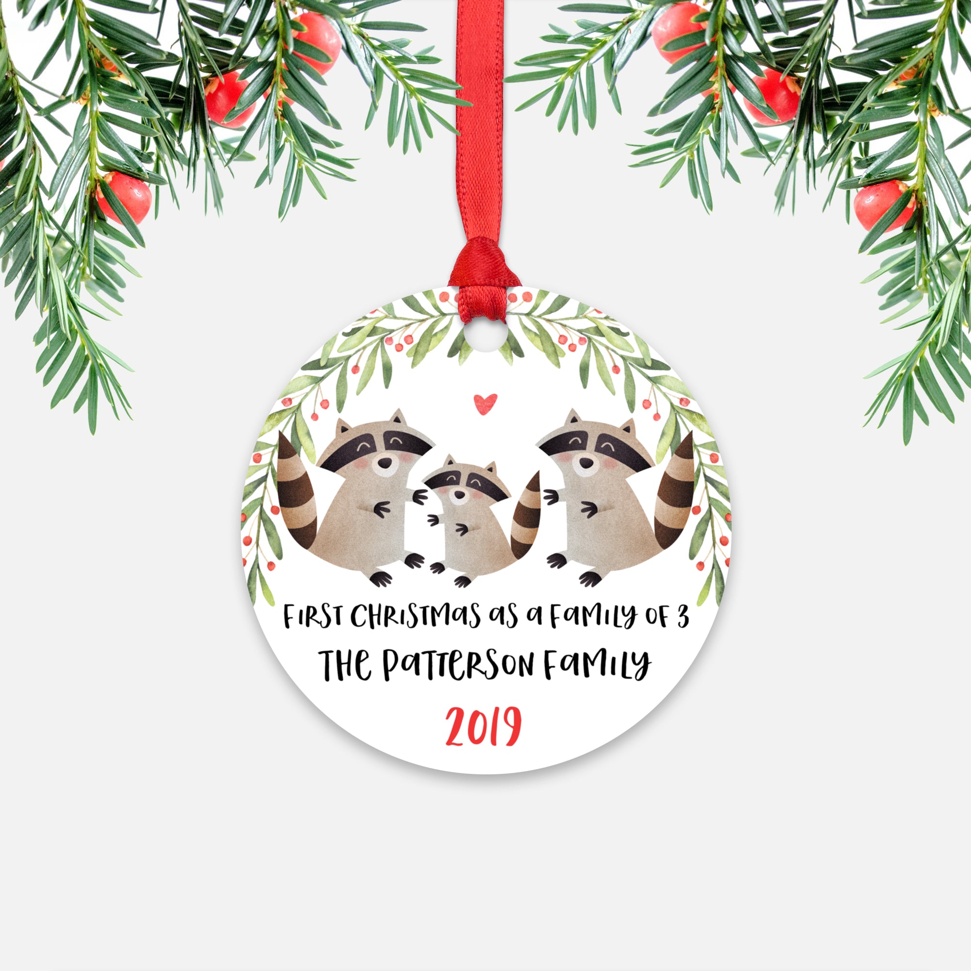 Raccoon First Christmas as a Family of 3 Three with Baby Boy Girl Personalized Ornament - Cute Animal Baby 1st Holidays Decoration - Custom Christmas Gift Idea for New Parents Mom Dad - Round Aluminum - by Happy Cat Prints 