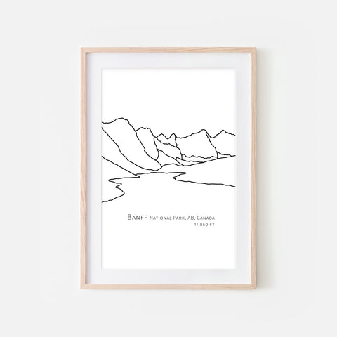 Banff National Park Alberta AB Canada Wall Art Print - Abstract Minimalist Landscape Contour One Line Drawing - Black and White Home Decor Mountain Outdoors Hiking Decor - Large Small Shipped Paper Print or Poster - OR - Downloadable Art Print DIY Digital Printable Instant Download - By Happy Cat Prints