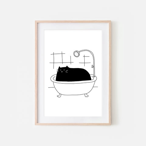 Black Cat in Bath Wall Art - Funny Bathroom Decor - Black & White Print, Poster or Printable Download
