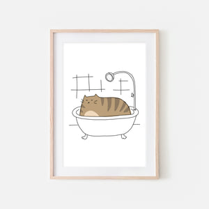 Brown Tabby Cat in Bath Wall Art - Funny Bathroom Decor - Line Drawing Illustration -Print, Poster or Printable Download