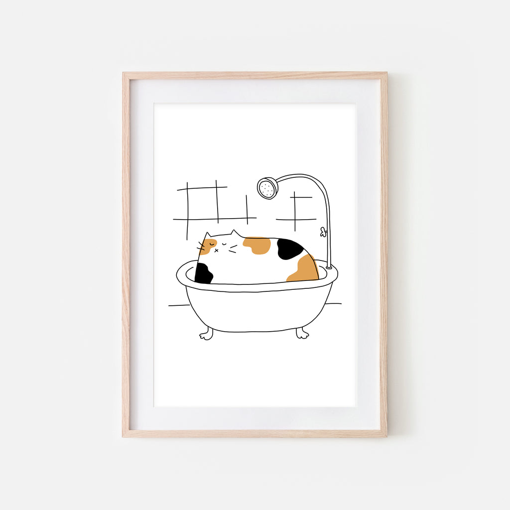 Calico Cat in Bath Wall Art - Funny Bathroom Decor - Line Drawing Illustration -Print, Poster or Printable Download