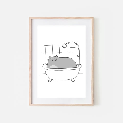 Gray Cat in Bath Wall Art - Funny Bathroom Decor - Line Drawing Illustration -Print, Poster or Printable Download