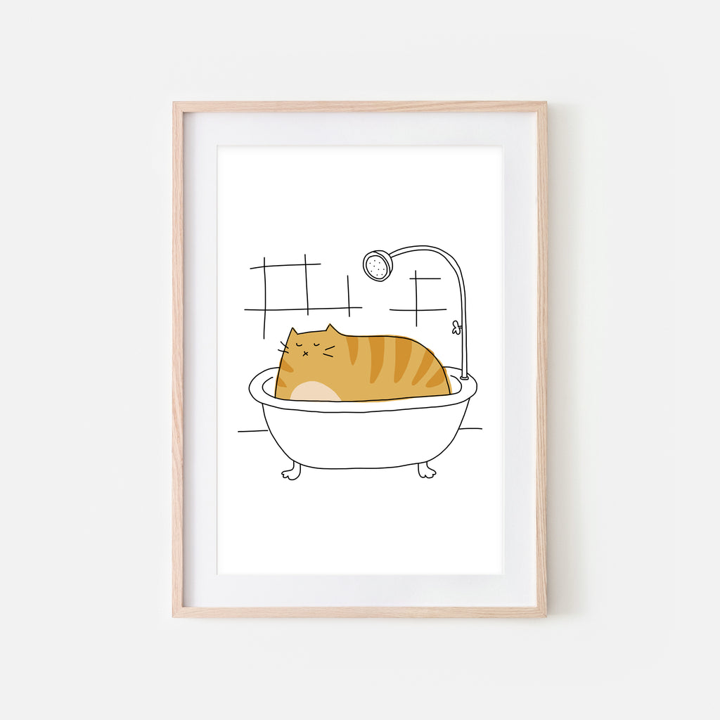 Orange Tabby Cat in Bath Wall Art - Funny Bathroom Decor - Line Drawing Illustration -Print, Poster or Printable Download
