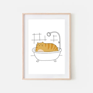 Orange Tabby Cat in Bath Wall Art - Funny Bathroom Decor - Line Drawing Illustration -Print, Poster or Printable Download