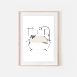 Siamese Cat in Bath Wall Art - Funny Bathroom Decor - Line Drawing Illustration - Print, Poster or Printable Download