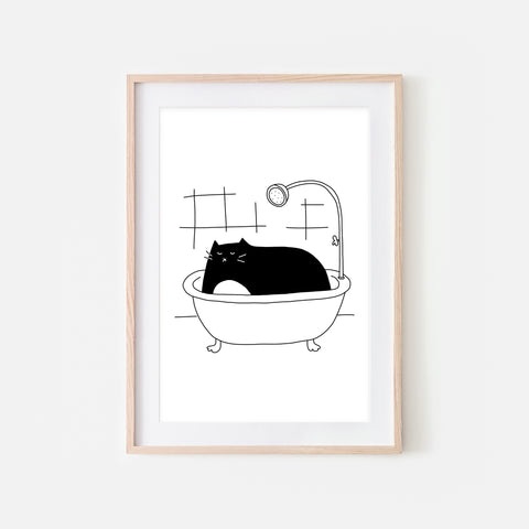 Tuxedo Cat in Bath Wall Art - Funny Bathroom Decor - Black & White Print, Poster or Printable Download