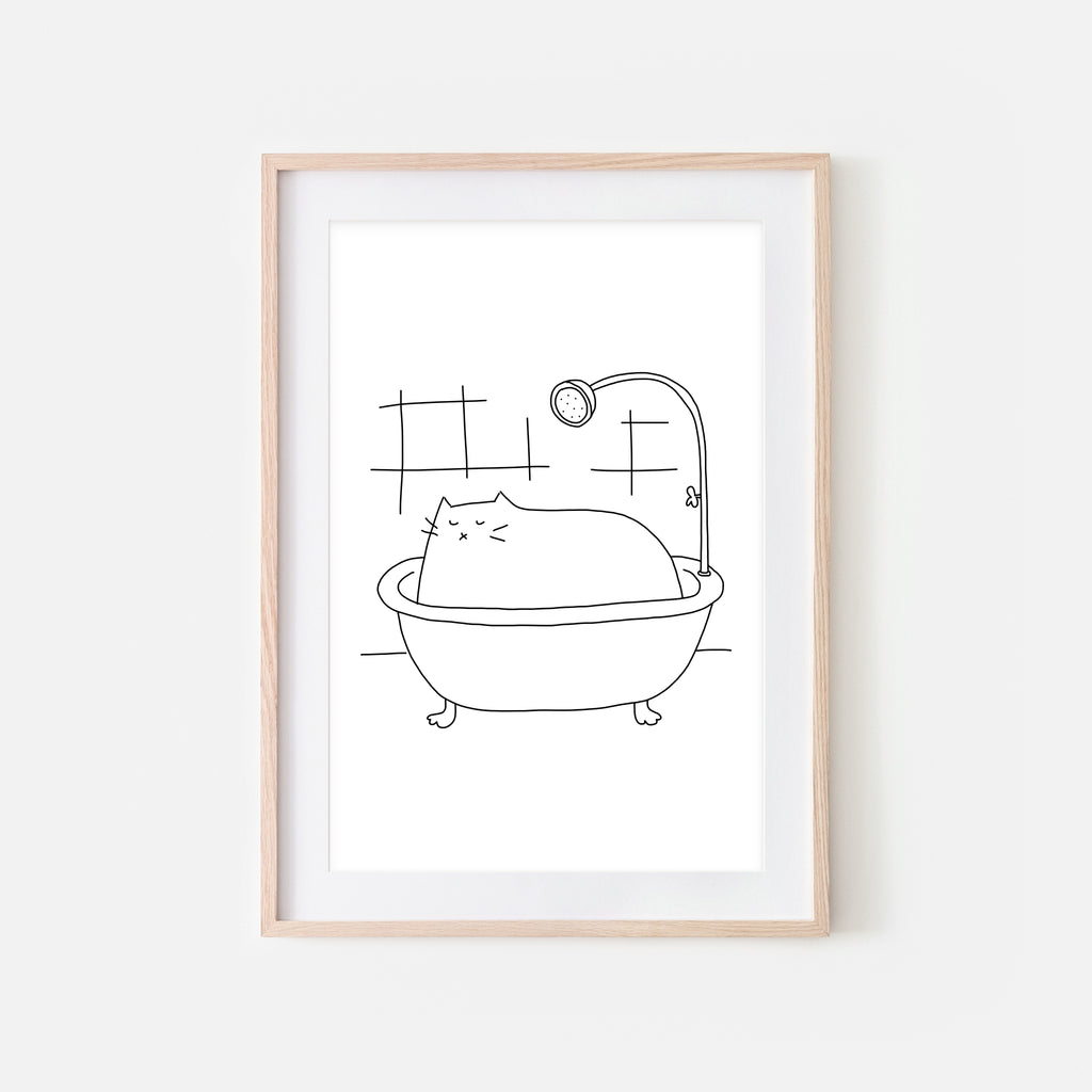 White Cat in Bath Wall Art - Funny Bathroom Decor - Black & White Print, Poster or Printable Download