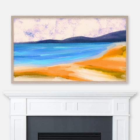 Abstract Beach Landscape Painting - Samsung Frame TV Art - Digital Download - Navy Blue Orange Olive Green - Coastal Decor