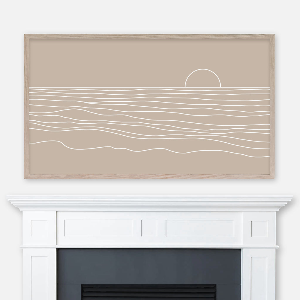 Neutral beige and white beach sunset line artwork displayed full screen in Samsung Frame TV above fireplace