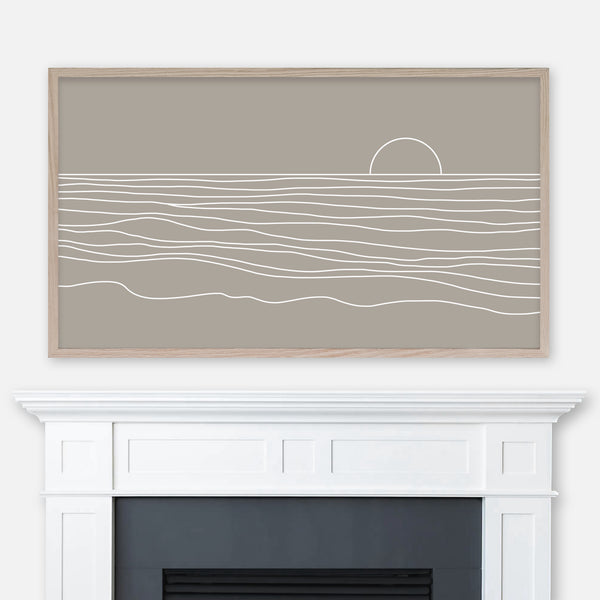 Neutral greige and white beach sunset line artwork displayed full screen in Samsung Frame TV above fireplace