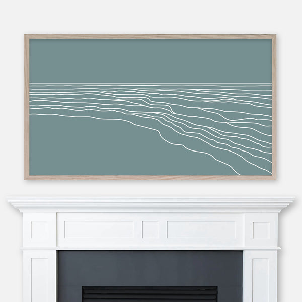 Minimalist ocean waves white line art on teal background displayed full screen in Samsung Frame TV above fireplace