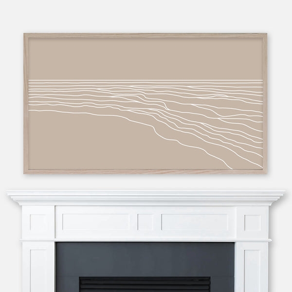 Minimalist ocean waves white line art on beige background displayed full screen in Samsung Frame TV above fireplace