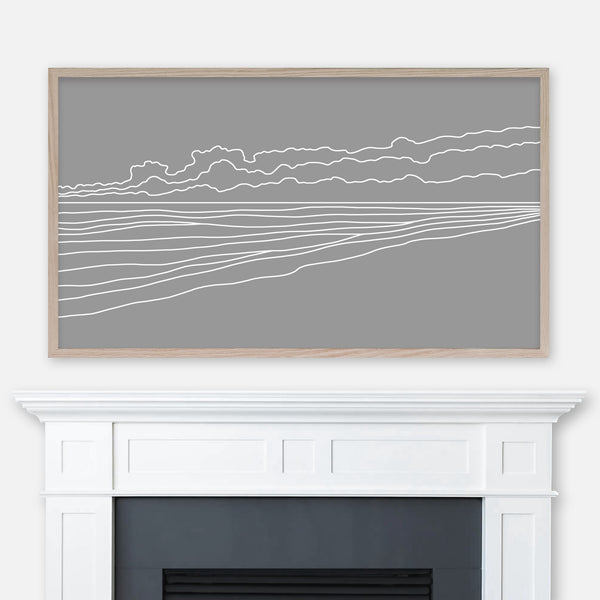 Gray and white ocean waves and clouds line art landscape displayed full screen in Samsung Frame TV above fireplace