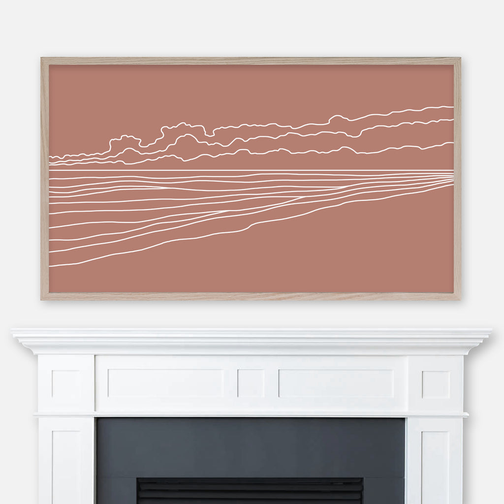 Terracotta and white ocean waves and clouds line art landscape displayed full screen in Samsung Frame TV above fireplace