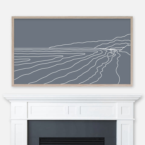 Blue gray and white coastal landscape line art displayed full screen in Samsung Frame TV above fireplace