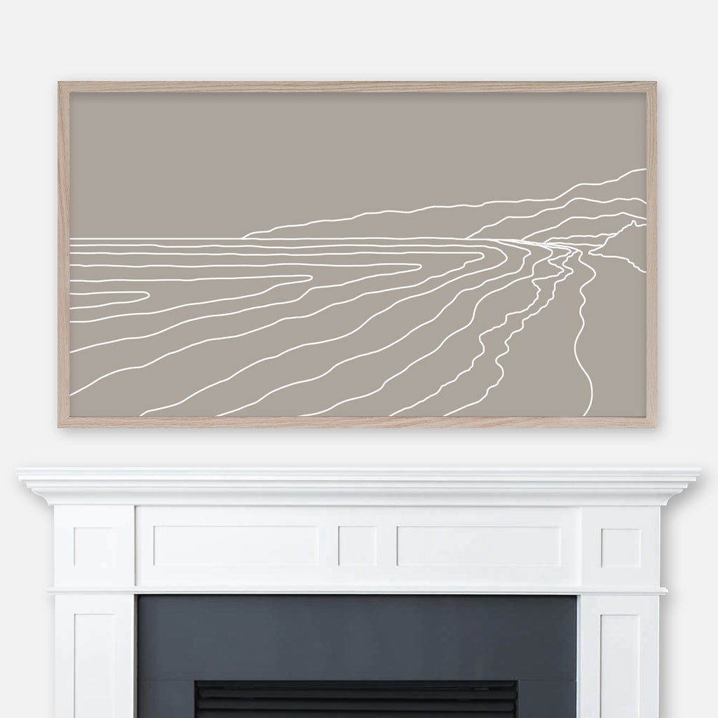 Gray beige and white coastal landscape line art displayed full screen in Samsung Frame TV above fireplace