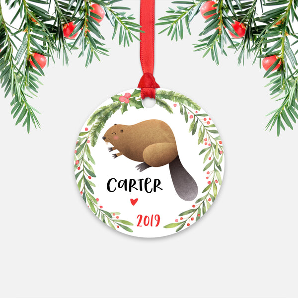 Beaver Woodland Animal Personalized Kids Name Christmas Ornament for Boy or Girl - Round Aluminum - Red ribbon