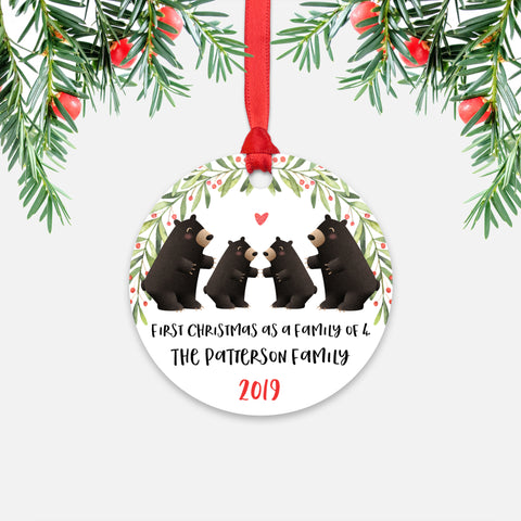 Black Bear Animal First Christmas as a Family of 4 Personalized Ornament for New Baby Girl Boy - Round Aluminum - Red ribbon