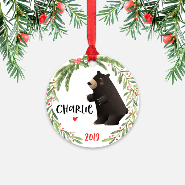 Black Bear Woodland Animal Personalized Kids Name Christmas Ornament for Boy or Girl - Round Aluminum - Red ribbon