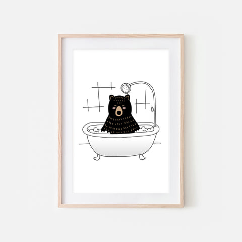 Black Bear - Animal in Bathtub Art - Funny Woodland Theme Bathroom Wall Decor for Kids - Printable Digital Download