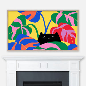 Black Cat Hiding in Philodendron Plant - Colorful Palette - Samsung Frame TV Art - Digital Download