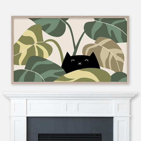 Black Cat Hiding in Philodendron Plant - Neutral Green & Beige Palette - Samsung Frame TV Art - Digital Download