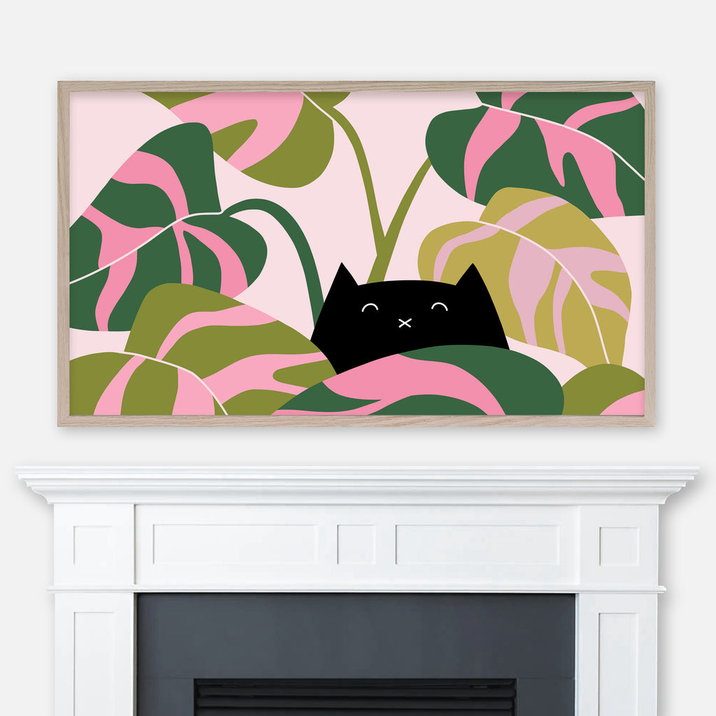 Black Cat Hiding in Philodendron Plant - Pink & Green Palette - Samsung Frame TV Art - Digital Download